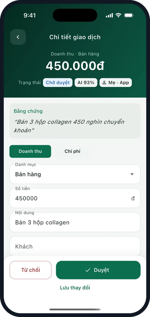 Màn Chi tiết giao dịch: Doanh thu · Bán hàng 450.000đ, trạng thái Chờ duyệt, Mẹ · App, bằng chứng “Bán 3 hộp collagen 450 nghìn chuyển khoản”, nút Từ chối và Duyệt (dữ liệu minh họa).